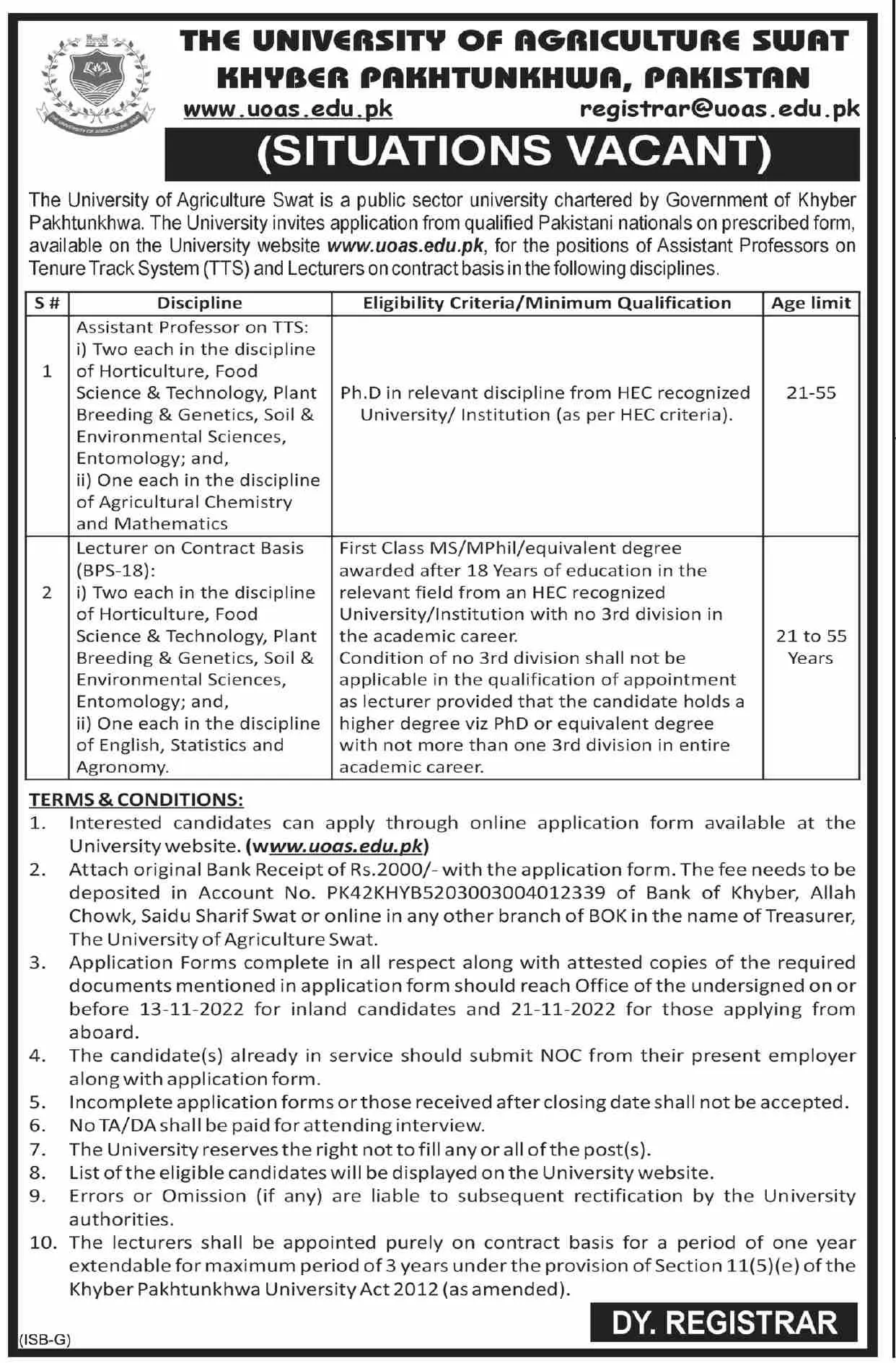 University of Agriculture Swat Khyber Pakhtunkhwa Jobs 2022 – University of Agriculture, Peshawar Jobs 2022 — original advertisement