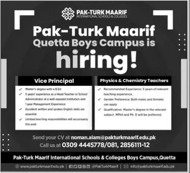 Pak Turk Maarif Quetta Boys Campus Jobs 2022 Jobs 2022 — original advertisement