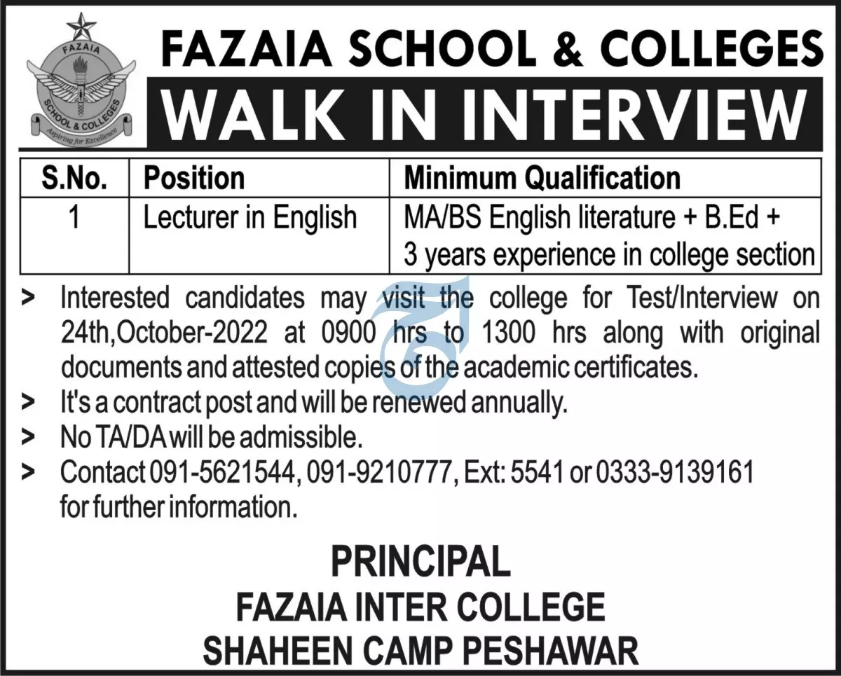 Fazaia Inter College Shaheem Campus Peshawar Jobs 2022 – Fazaia Schools & Colleges Jobs 2022 — original advertisement
