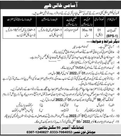 Fixed Communication Signal Company Jobs 2022 – Pak Army Fixed Communication Signal Company Jobs 2022 — original advertisement