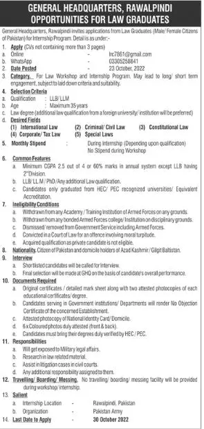 Pak Army General Headquarters Rawalpindi Internship 2022 – Pakistan Army Jobs 2022 — original advertisement