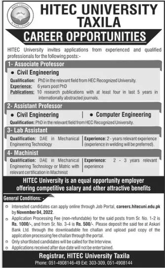 HITEC University Taxila Jobs 2022 Jobs 2022 — original advertisement