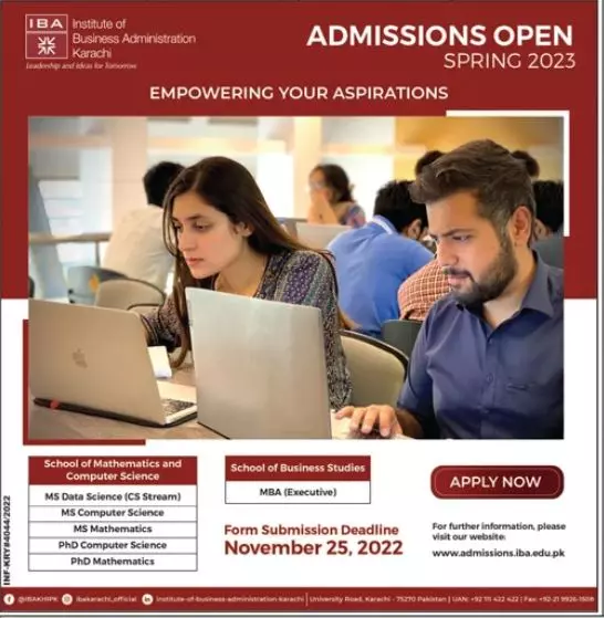 IBA Karachi Institute of Business Administration Admission Admissions 2022 — original advertisement