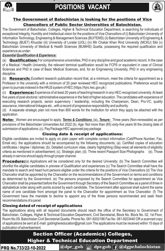 Technical and Higher Education Department Balochistan Jobs – Colleges Higher and Technical Education Department Balochsitan Jobs 2022 — original advertisement
