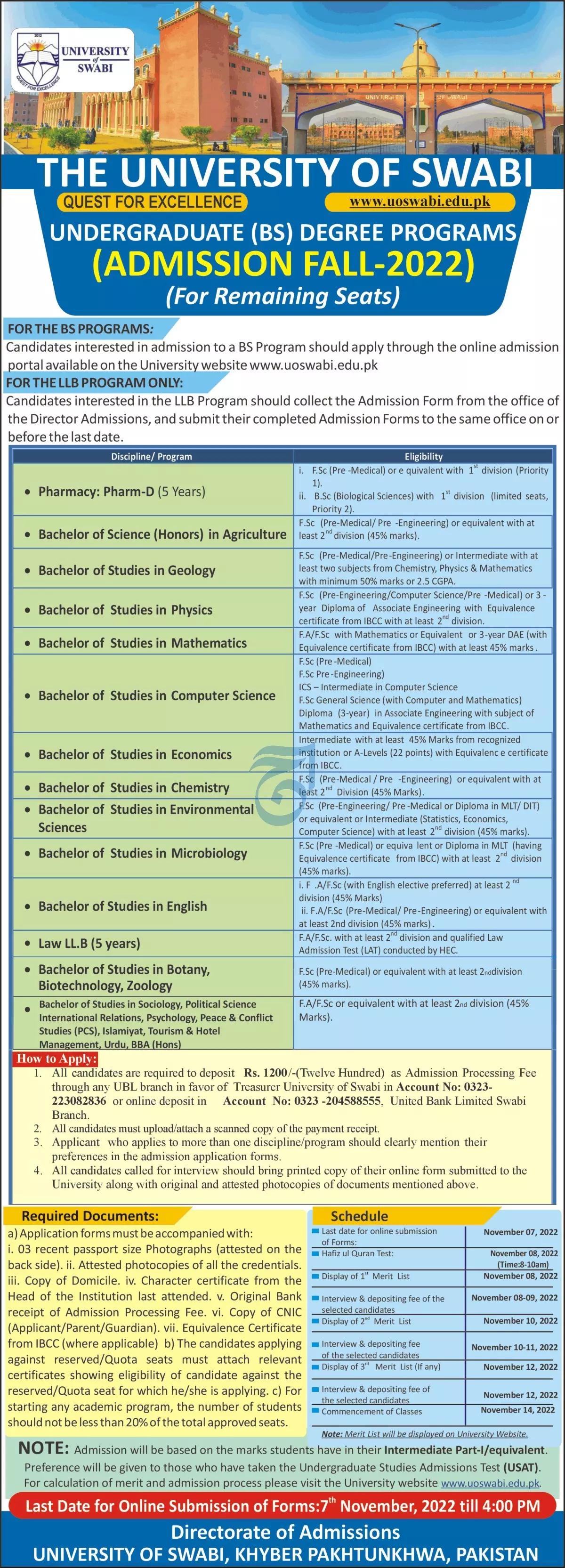 Admission in University of Swabi Khyber Pakhtunkhwa Admissions 2022 — original advertisement