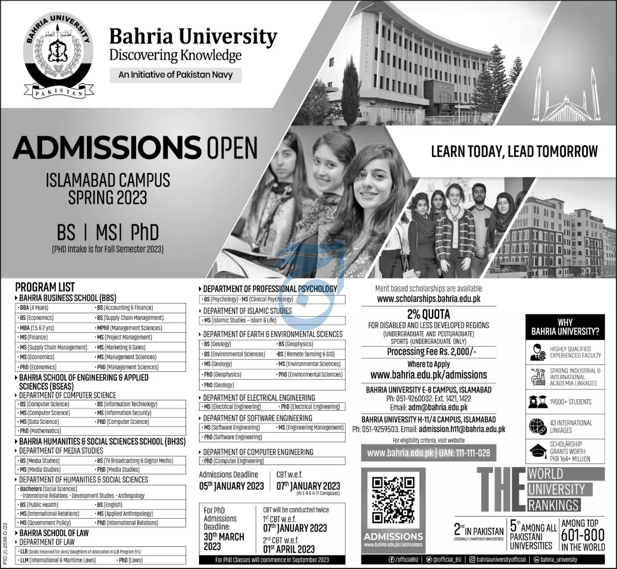 Bahria University Islamabad Admission 2022 Admissions 2022 — original advertisement