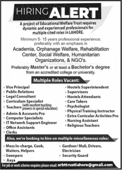 Education Welfare Trust Lahore Jobs 2022 Jobs 2022 — original advertisement