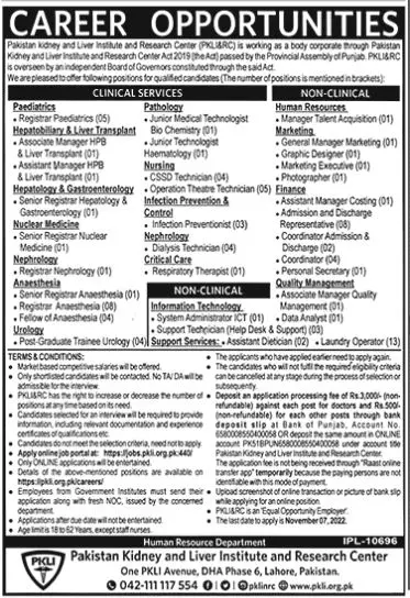 Pakistan Kidney & Liver Institute & Research Center Jobs – Pakistan Kidney And Liver Institute (PKLI) And Research Centre Lahore Jobs 2022 — original advertisement