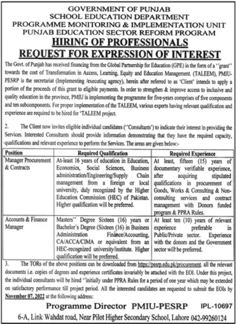 Punjab School Education Department Jobs 2022 – Govt of Punjab Jobs 2022 — original advertisement