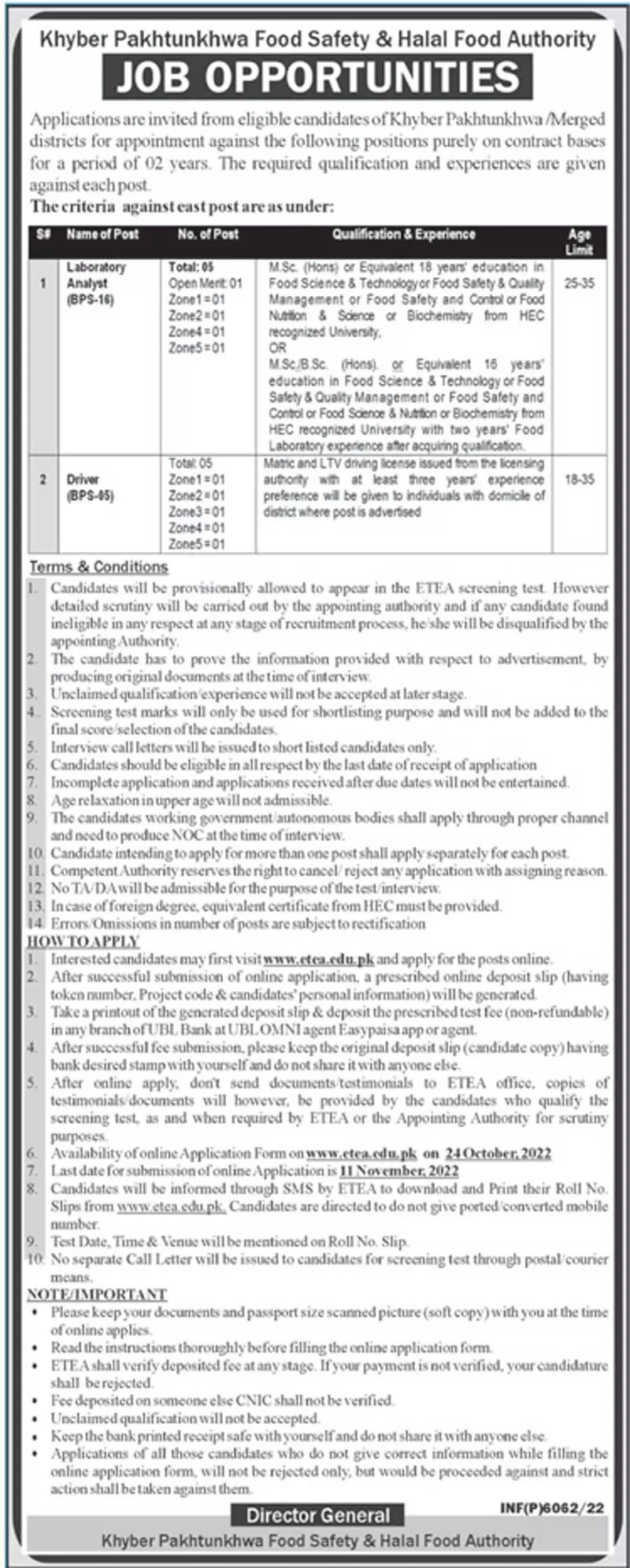 KPK Food Safety and Halal Food Authority Jobs – Food Safety & Halal Food Authority KPK Jobs 2022 — original advertisement