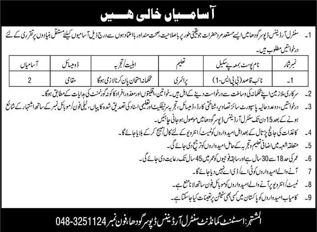 Central Ordnance Depot COD Sargodha Jobs 2022 Jobs 2022 — original advertisement