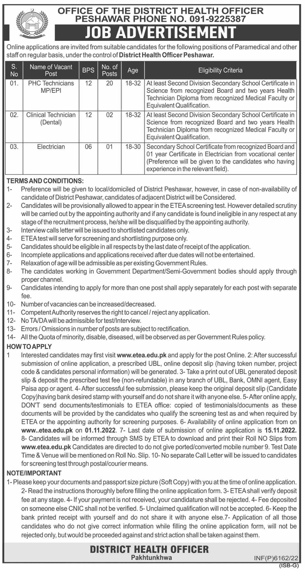 District Health officer Peshawar Jobs 2022 – Health Department KPK Jobs 2022 — original advertisement