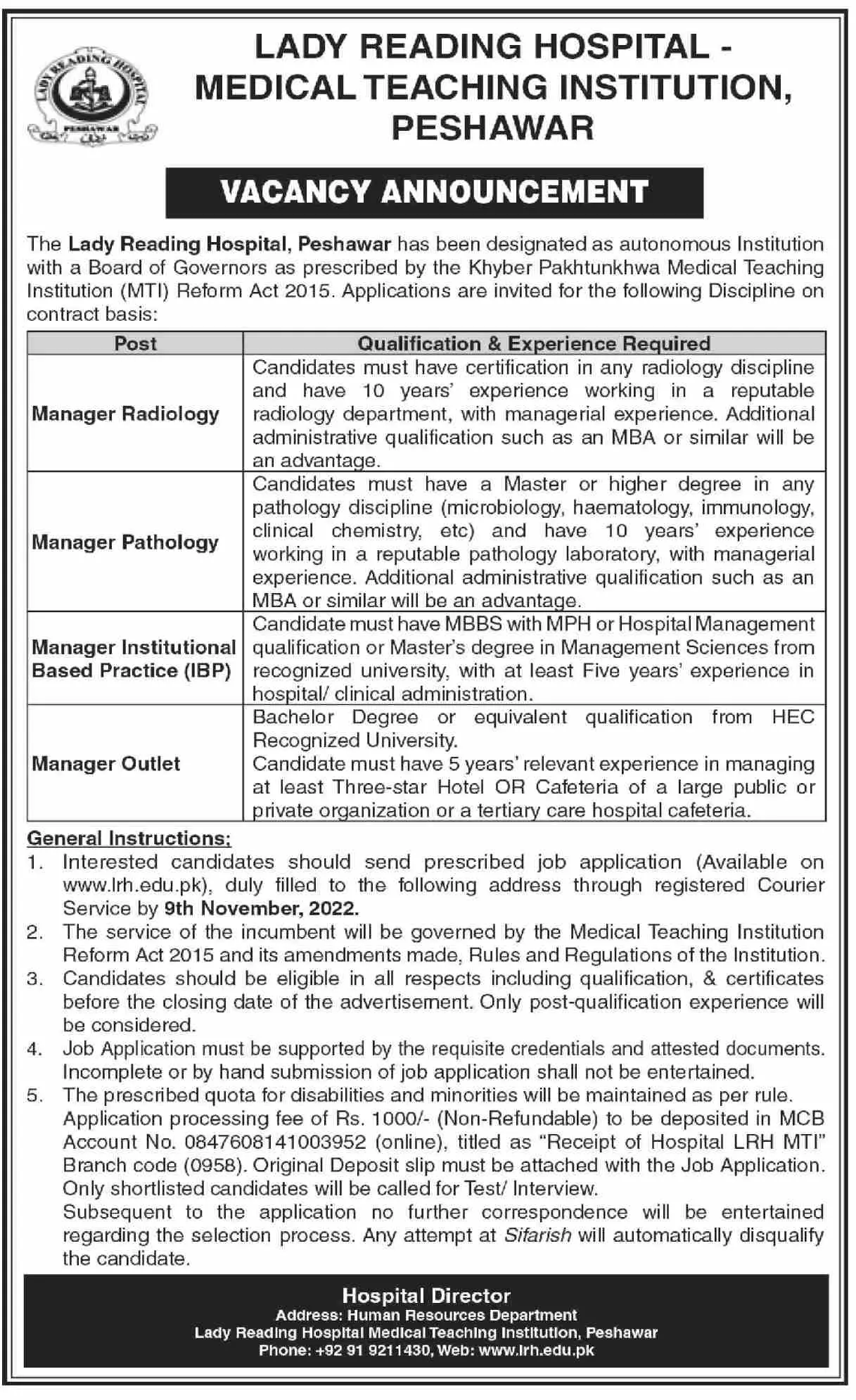 Lady Reading hospital Peshawar Jobs 2022 Jobs 2022 — original advertisement