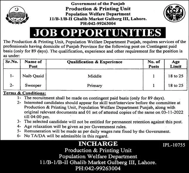 Population Welfare Department Jobs 2022 – Population Welfare Department Punjab Jobs 2022 — original advertisement