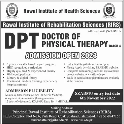 Rawal institute of Health Sciences Islamabad Admission 2022 Admissions 2022 — original advertisement
