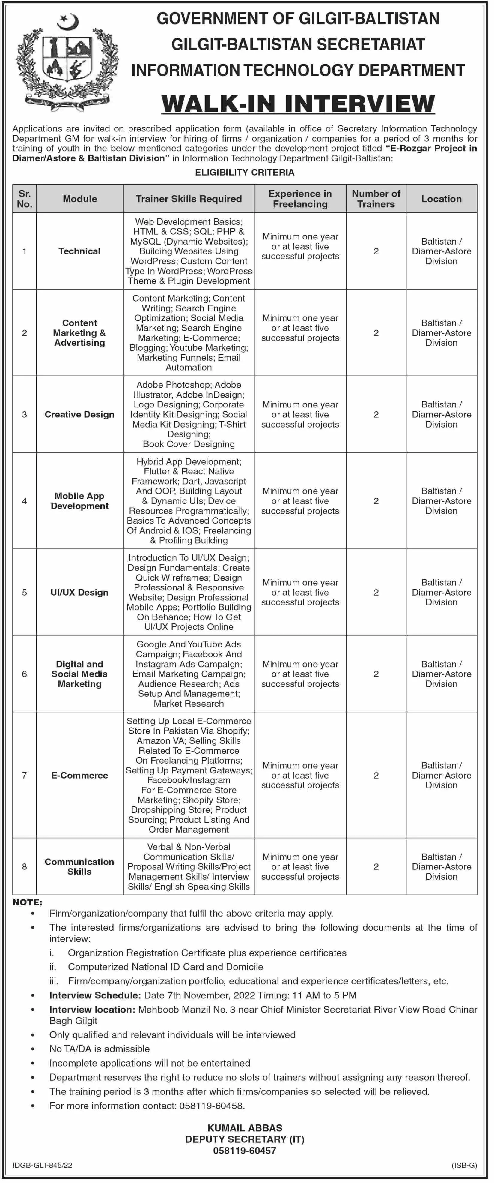 Information Technology Department Gilgit Baltistan Jobs 2022 – Government of Gilgit-Baltistan Jobs 2022 — original advertisement