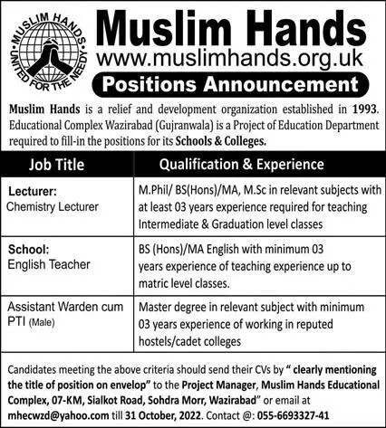 Muslim Hands Educational Complex Wazirabad Jobs 2022 Jobs 2022 — original advertisement