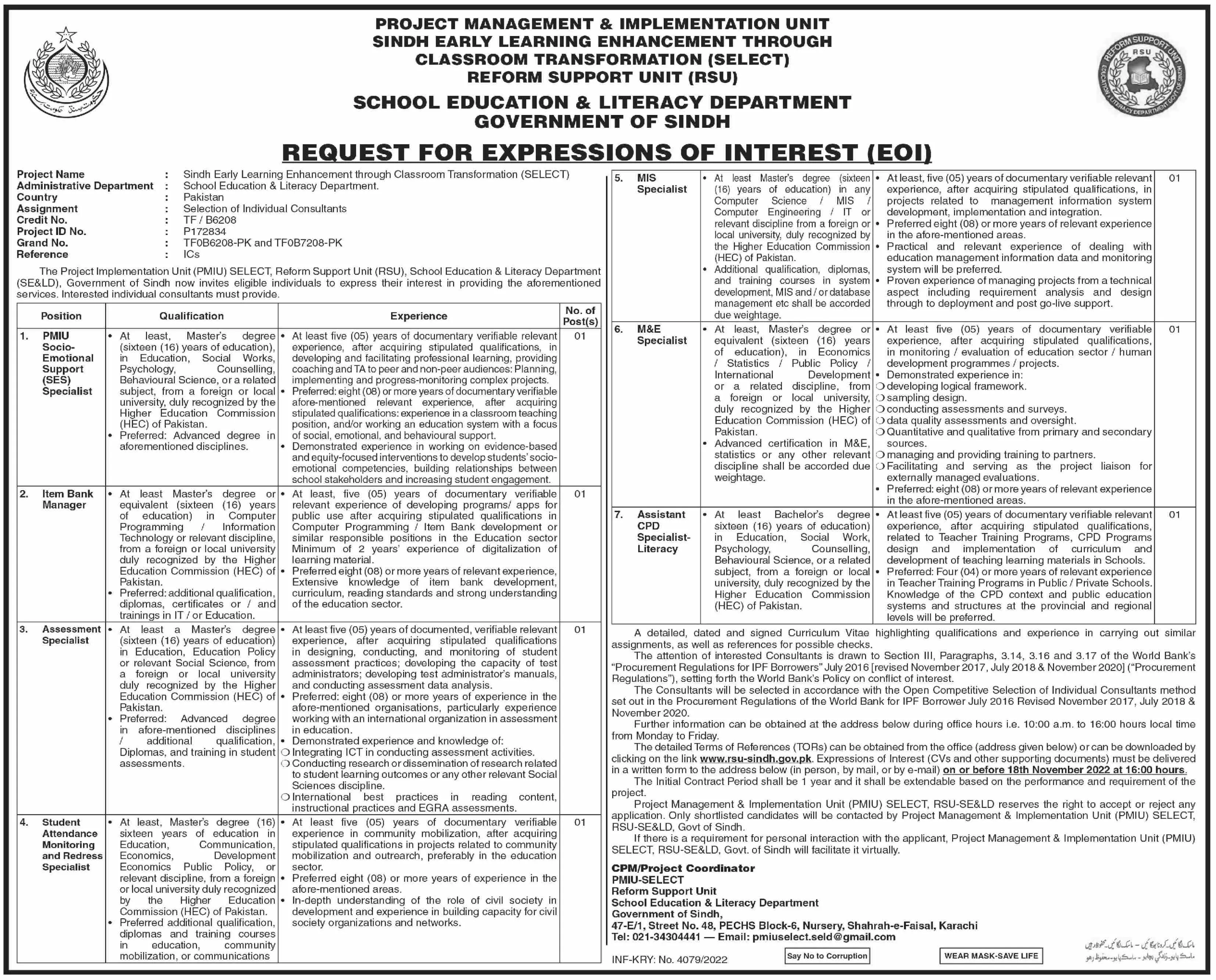 School education & literacy department sindh Jobs 2022 – Govt of Sindh Jobs 2022 — original advertisement