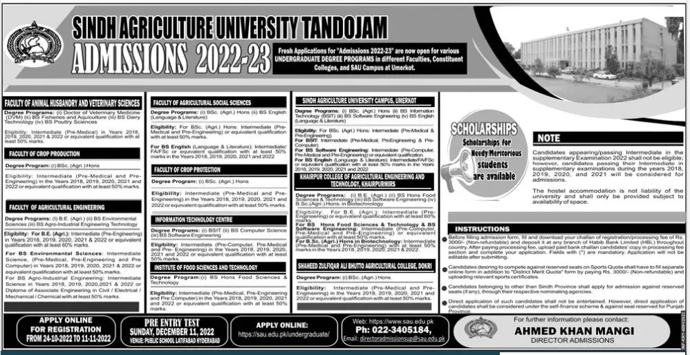 Sindh Agriculture University Tandojam Admission 2022 Admissions 2022 — original advertisement