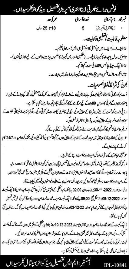Tehsil Headquarter Hospital THQ Kallar Syedan Jobs 2022 Jobs 2022 — original advertisement