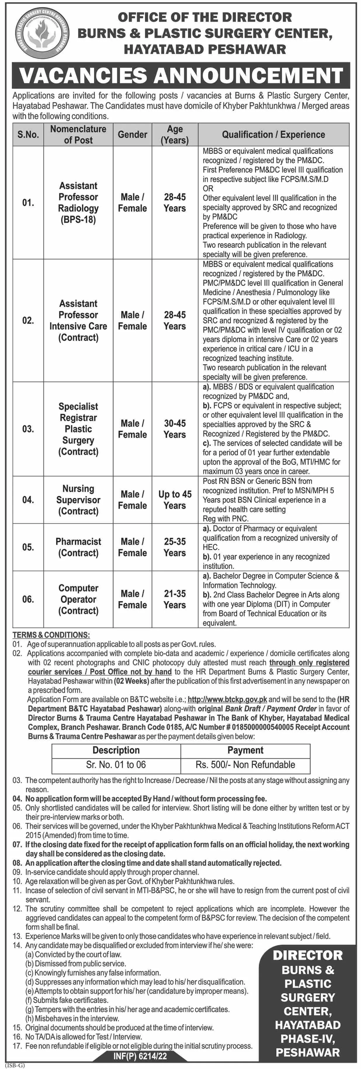 Burns & Plastic Center Hayatabad Peshawar Jobs 2022 Jobs 2022 — original advertisement