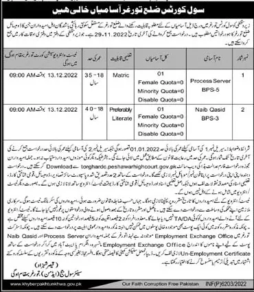 Civil Courts Torghar Job 2022 – Senior Civil Judge Khyber Peshawar Jobs 2022 — original advertisement