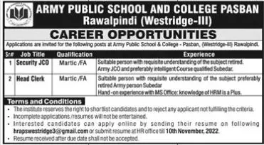 Army Public School And College Pasban Rawalpindi Jobs 2022 – Army Public School & College Paksitan Jobs 2022 — original advertisement