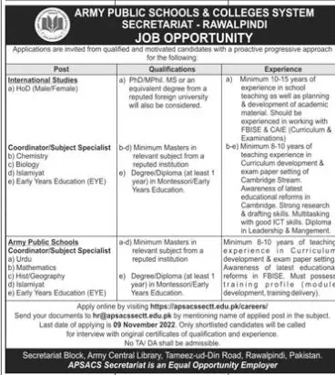 Army Public School And Colleges System Rawalpindi Jobs 2022 – Army Public School And College Rawalpindi Jobs 2022 — original advertisement