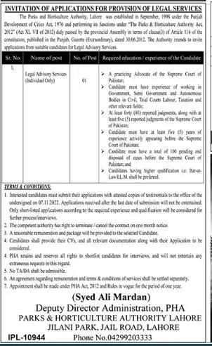 Parks and Horticulture Authority Punjab Jobs 2022 – Parks and Horticulture Authority ( PHA) Rawalpindi Jobs 2022 — original advertisement