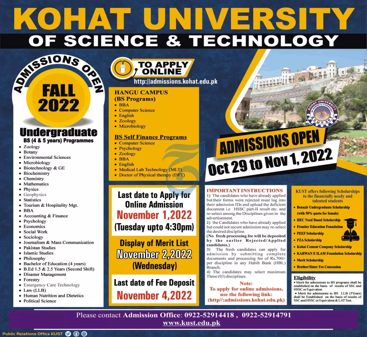 Kohat University of Science & Technology Admission 2022 – Kohat University of Science and Technology Kohat Admissions 2022 — original advertisement