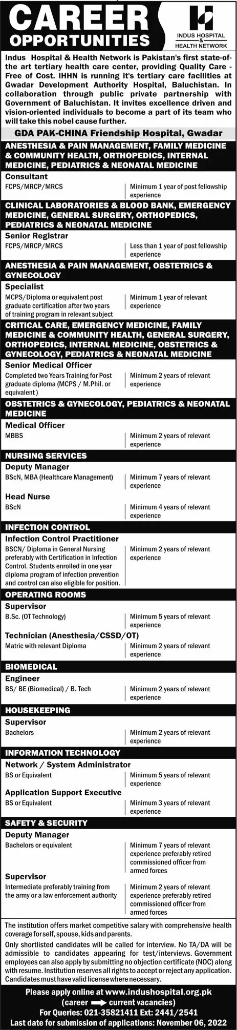 GDA Pak China Hospital Gwadar Jobs 2022 – Indus Hospital Jobs 2022 — original advertisement