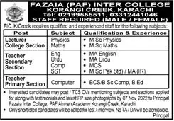Fazaia ( PAF) inter College Korangi Creek Karachi Jobs 2022 – Fazaia Schools & Colleges Jobs 2022 — original advertisement
