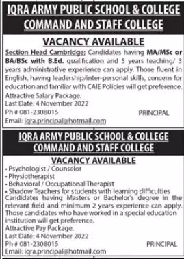 Iqra Army Public School and College Jobs 2022 Jobs 2022 — original advertisement