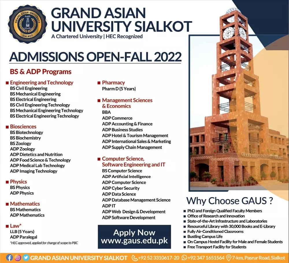 Grand Asian University Sialkot Admissions 2022 Admissions 2022 — original advertisement