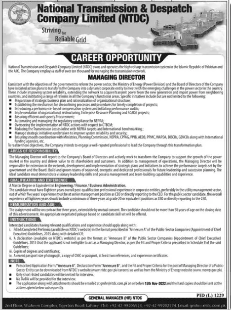 National Transmission & Despatch Company Limited Jobs 2022 – National Transmission & Despatch Company NTDC Jobs 2022 — original advertisement