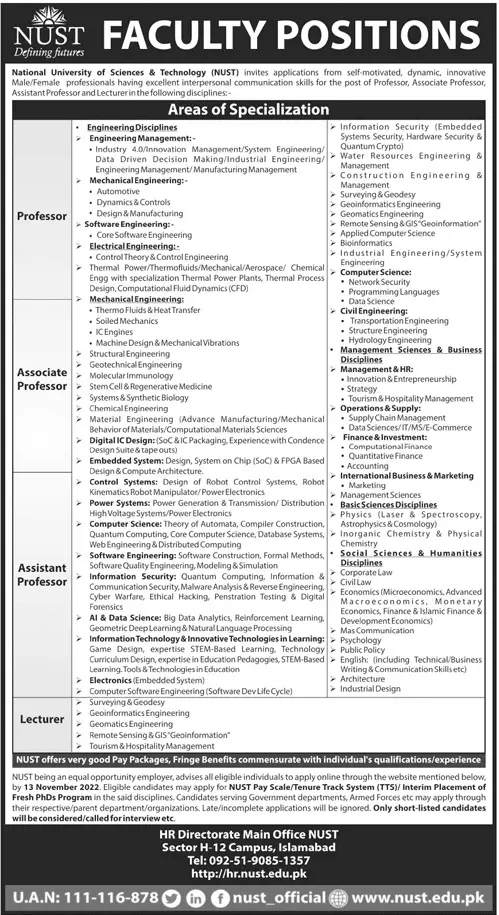 National University of Science & Technology NUST Jobs 2022 – National University of Science & Technology Islamabad Jobs 2022 — original advertisement
