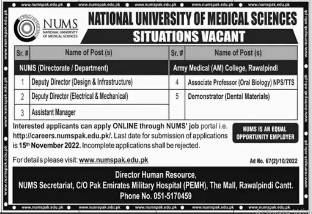 National University of Medical Sciences Nums Jobs 2022 – National University of Medical Science NUMS Jobs 2022 — original advertisement