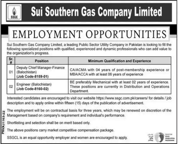 Sui Southern Gas Company Limited Jobs 2022 Jobs 2022 — original advertisement