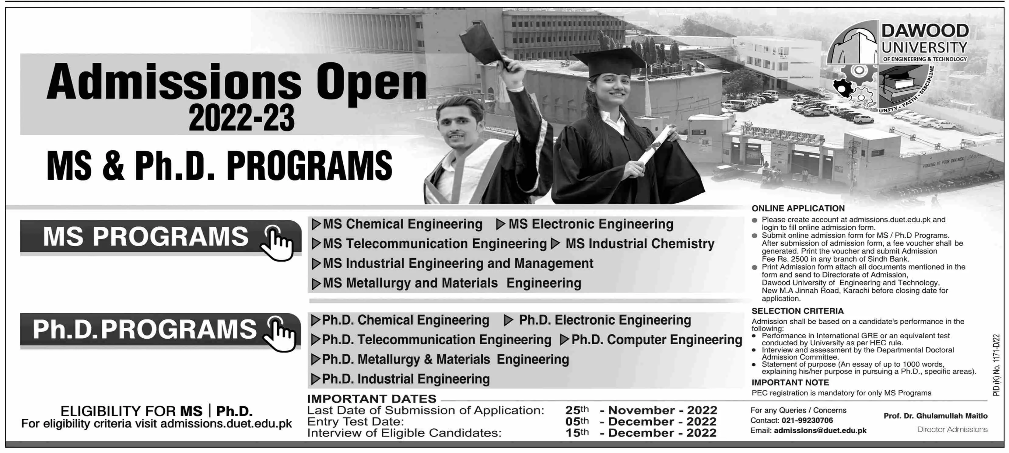 Dawood University of Engineering And Technology Admission – Dawood University of Engineering and Technology Karachi Admissions 2022 — original advertisement