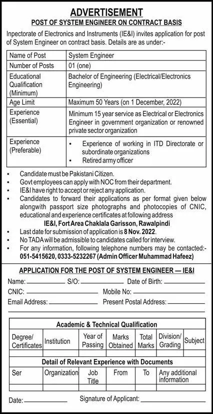 Inspectorate of Electronics & Instruments Chaklala Jobs 2022 Jobs 2022 — original advertisement
