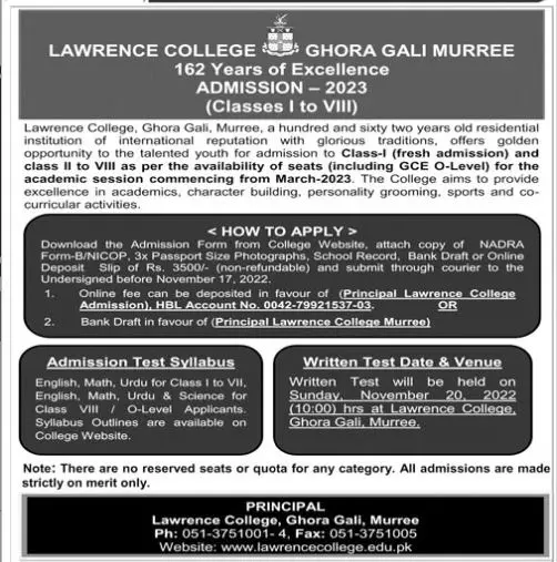 Lawrence College Ghora Gali Admissions 2022 Admissions 2022 — original advertisement