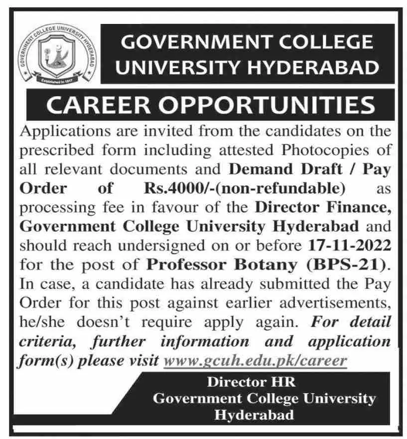 Government College University Hyderabad Jobs 2022 Jobs 2022 — original advertisement