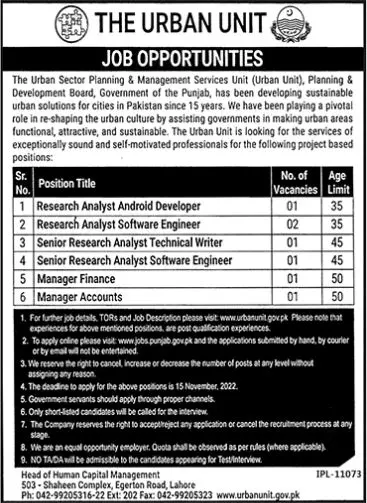 Unban Sector Planning & Management Science Jobs 2022 – The Urban Unit Punjab Jobs 2022 — original advertisement