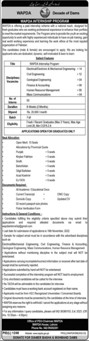 WAPDA Paid Internship Program 2022 – Water and Power Development Authority Jobs 2022 — original advertisement
