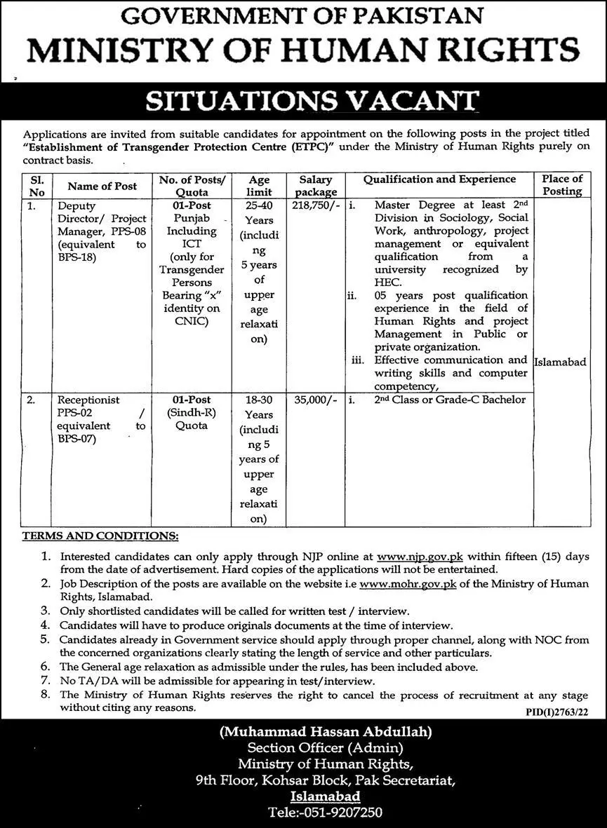 Ministry of Human Rights Islamabad Jobs 2022 Jobs 2022 — original advertisement