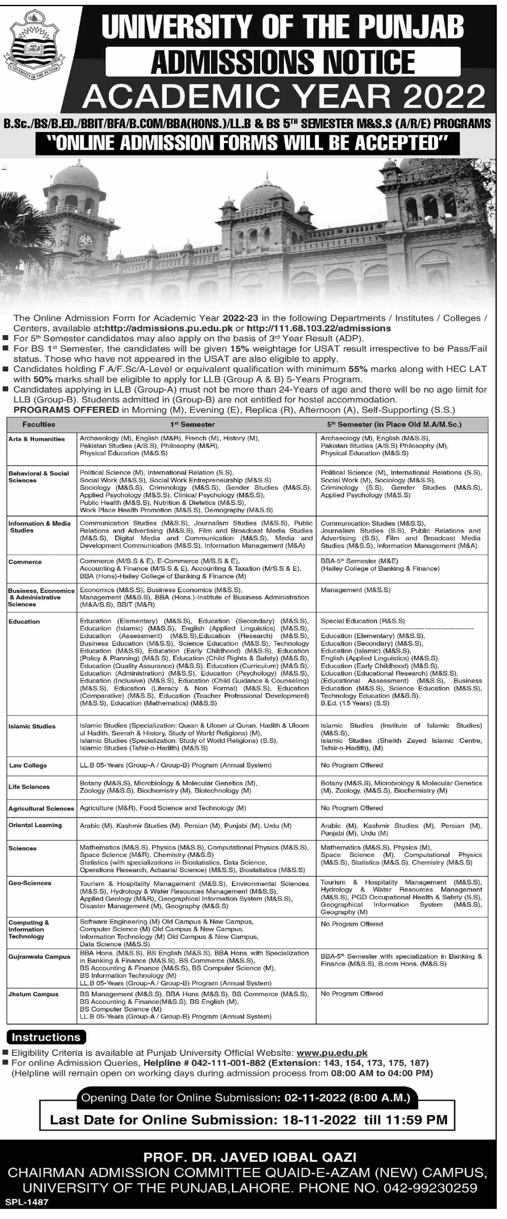 University of Punjab Admission 2022 Admissions 2022 — original advertisement