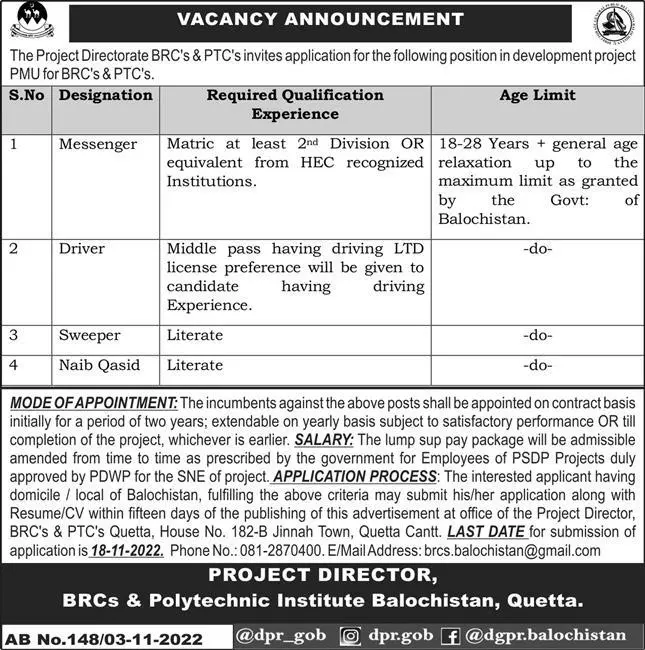 BRCs and Polytechnic Institute Balochistan Jobs 2022 Jobs 2022 — original advertisement