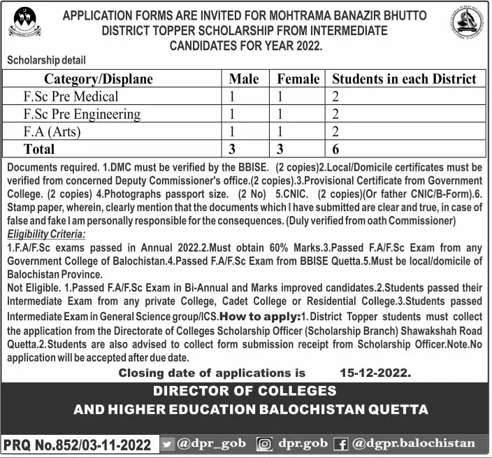 Benazir Bhutto Shaheed District Toppers Scholarship 2022 – Govt of Balochistan Scholarships 2022 — original advertisement