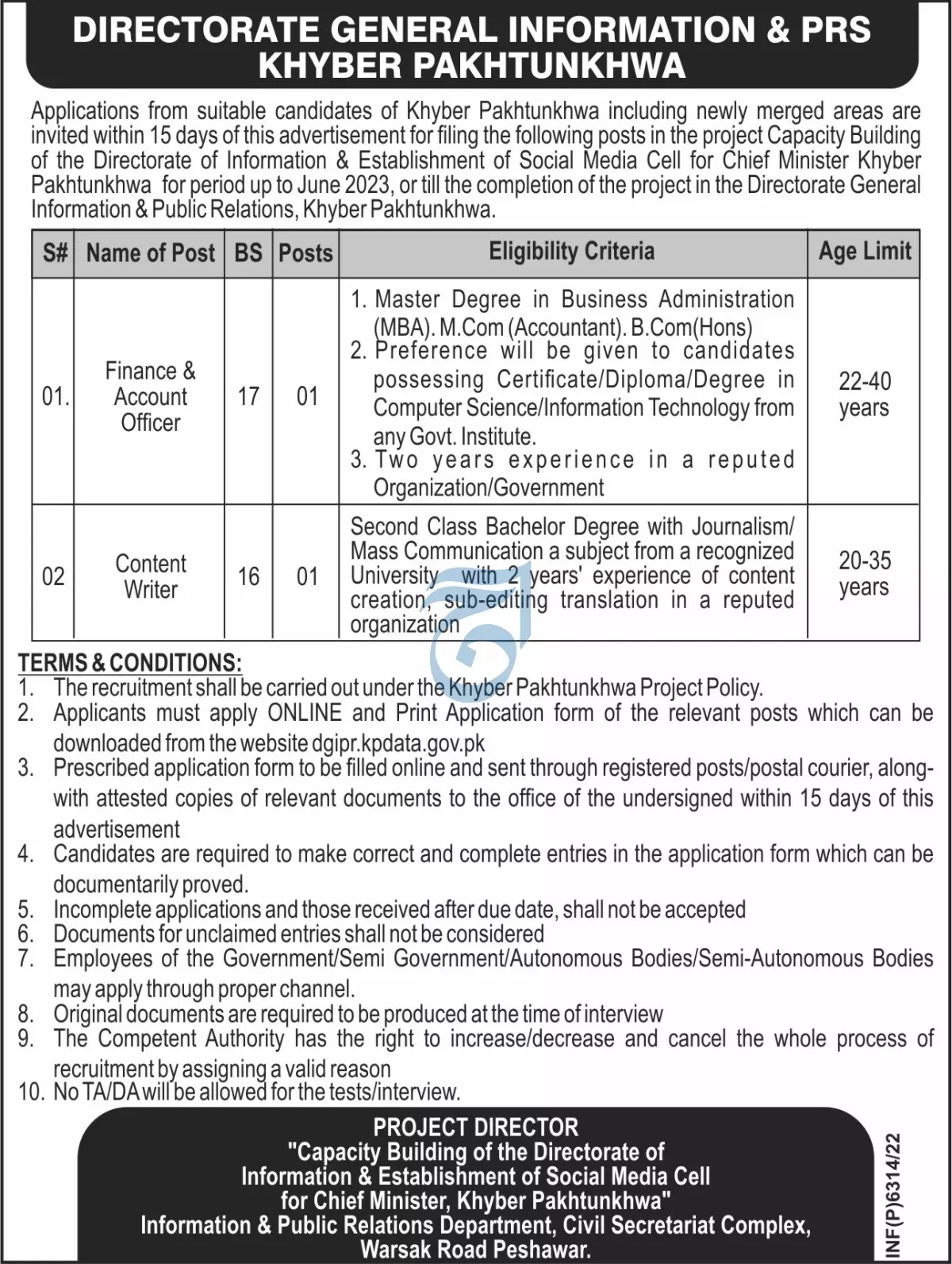 Directorate General Information & PRS Khyber Pakhtunkhwa Job – Information & Public Relations Department KPK Jobs 2022 — original advertisement