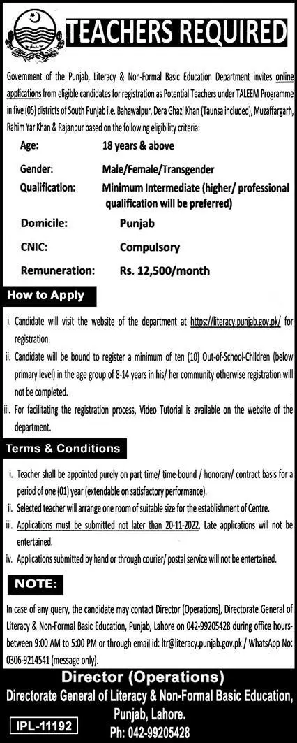 Literacy and Non Formal Education Department Jobs 2022 – Education School Department Punjab Jobs 2022 — original advertisement